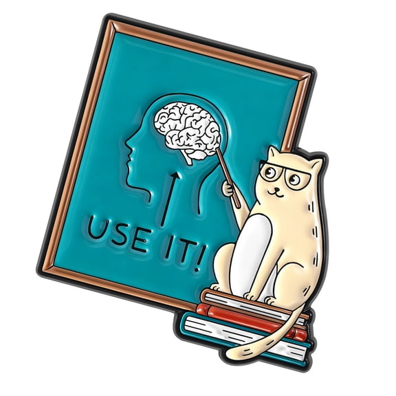 COOLHOOD Cartoon Puss Teacher Character Brooch Pin With Spectacles Gesturing To Head For Intellectual Inspiration Accessory
