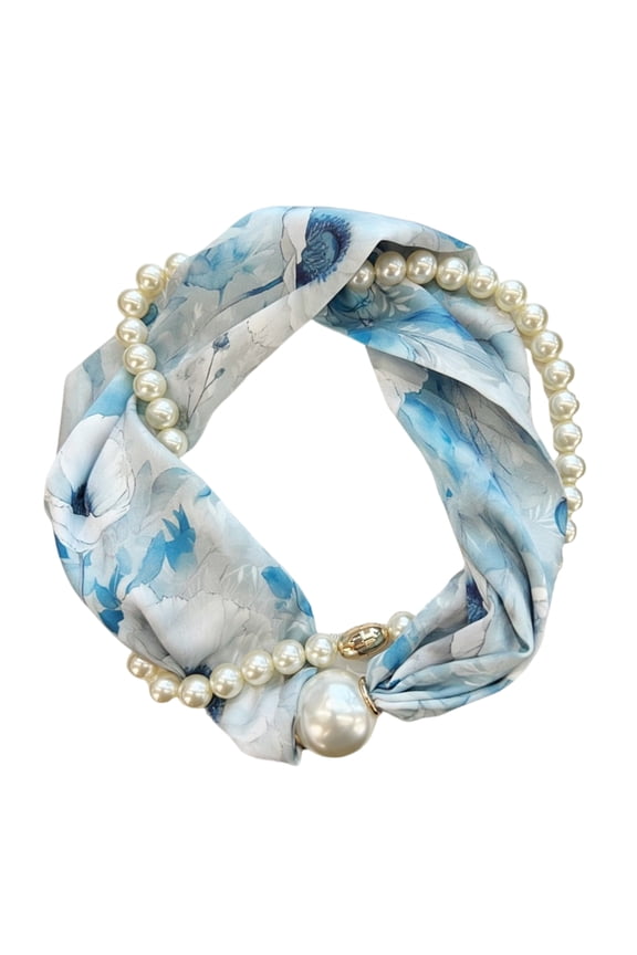 Magnetic Clasp Pearls Chain Necklace Floral Satins Scarf Elegant Silk Skinny Narrow Neckerchief for Fashionable Women