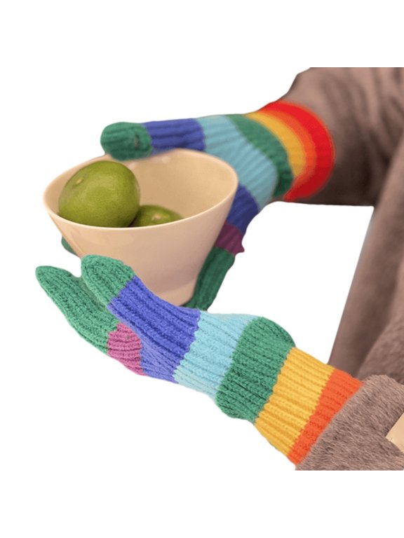 Rainbow Color Knitted Gloves Winter Full Finger Thicken Warm Christmas Gloves for Girlfriend