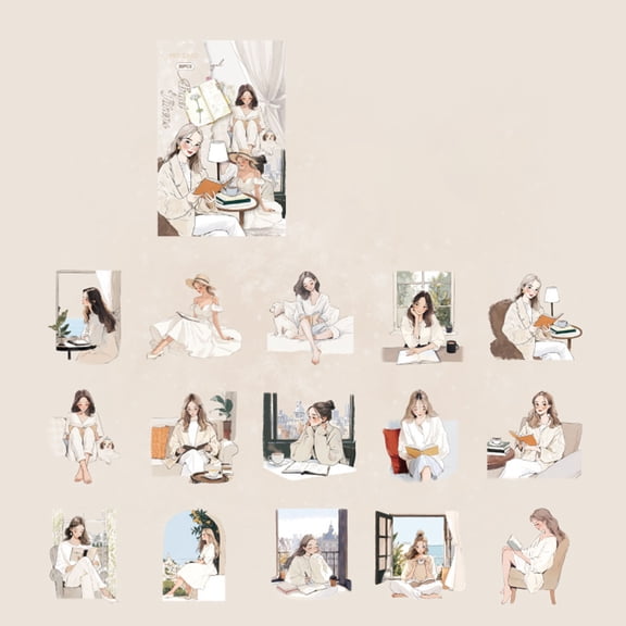 COOLHOOD Reading Girl Sticker Lovely Sticker Decorative Stickers Cartoon Stickers For Journaling Scrapbooking And