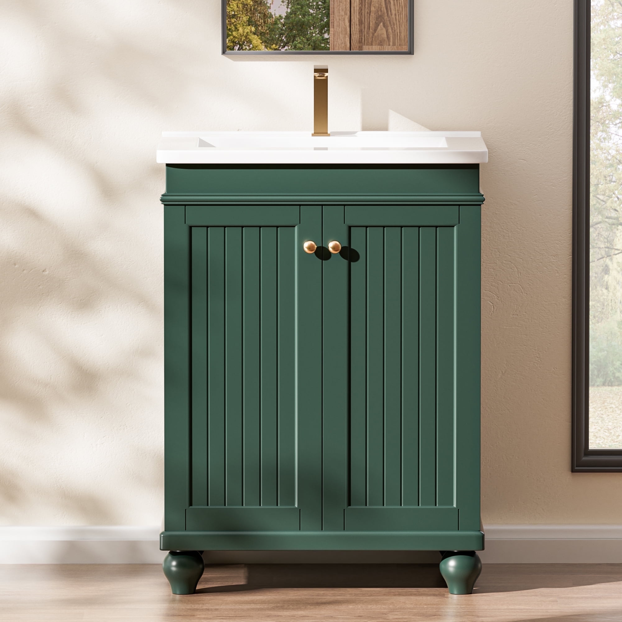 COOLHUT 24" Bathroom Vanity with Ceramic Basin and 2 Doors, Freestanding Bathroom Vanity and Sink Set, Bathroom Sink Cabinet, Faucet Not Included, Forest Green
