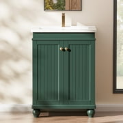 COOLHUT 24" Bathroom Vanity with Ceramic Basin and 2 Doors, Freestanding Bathroom Vanity and Sink Set, Bathroom Sink Cabinet, Faucet Not Included, Forest Green