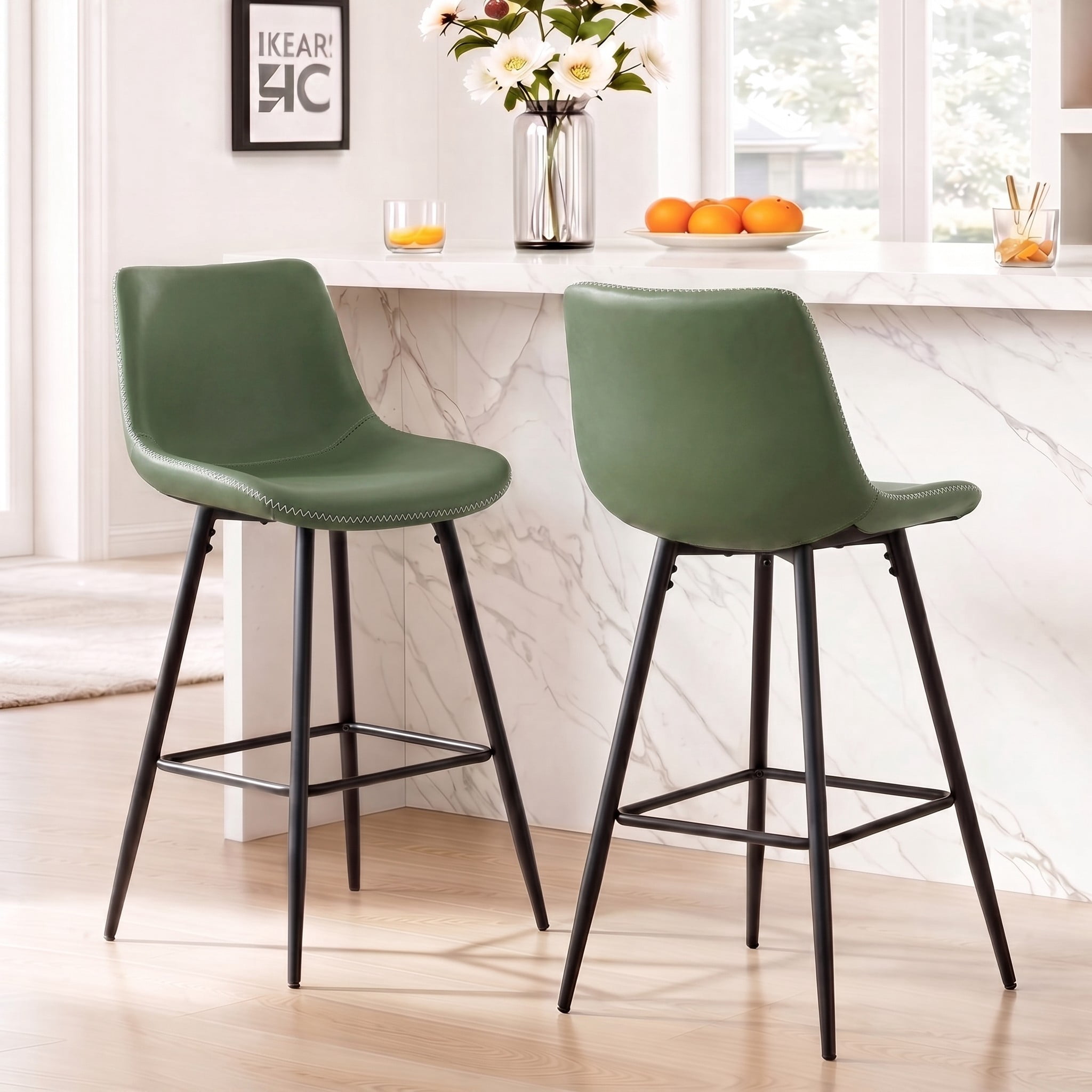 COOLHUT 24 Inch Bar Stools Set of 2, Counter Height Bar Chair with Footrest, Upholstered Faux Leather Bar Chair, Counter Stools with Sturdy Metal Legs, Green