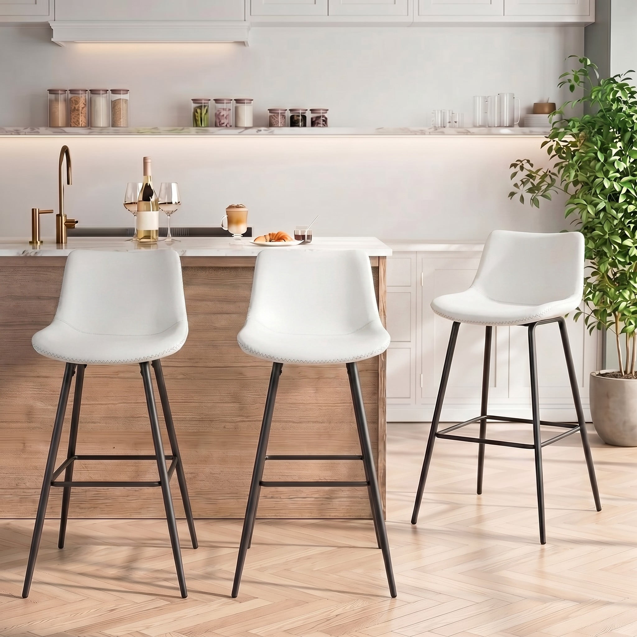 COOLHUT 24 Inch Bar Stools Set of 3, Counter Height Bar Chair with Footrest, Upholstered Faux Leather Bar Chair, Counter Stools with Sturdy Metal Legs, White