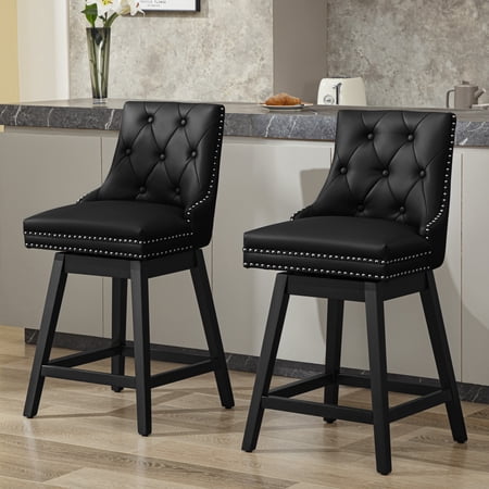 COOLHUT 26" Swivel Counter Height Bar Stools Set of 2 with Backs, Upholstered Bar Stools, Faux Leather Bar Chairs with Footrest for Kitchen Island, Black