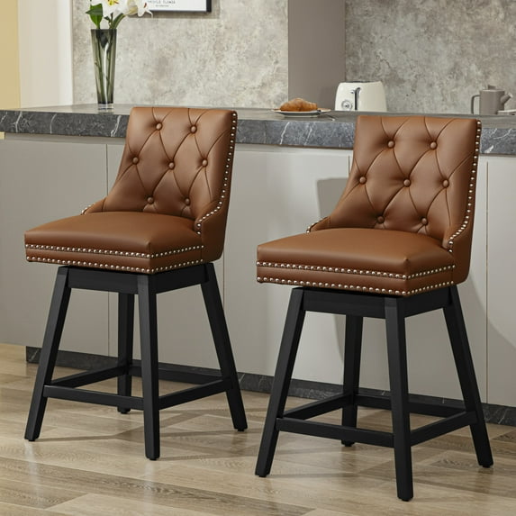 COOLHUT 26" Swivel Counter Height Bar Stools Set of 2 with Backs, Upholstered Bar Stools, Faux Leather Bar Chairs with Footrest for Kitchen Island, Brown