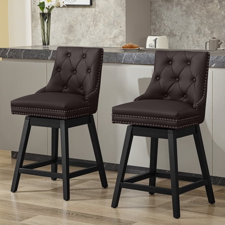 COOLHUT 26" Swivel Counter Height Bar Stools Set of 2 with Backs, Upholstered Bar Stools, Faux Leather Bar Chairs with Footrest for Kitchen Island, Red Brown