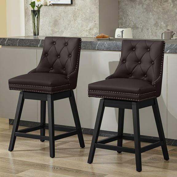 COOLHUT 26" Swivel Counter Height Bar Stools Set of 2 with Backs, Upholstered Bar Stools, Faux Leather Bar Chairs with Footrest for Kitchen Island, Red Brown