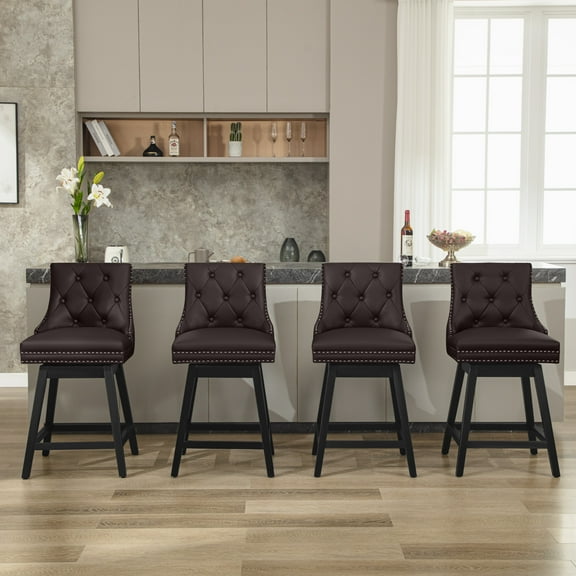 COOLHUT 26" Swivel Counter Height Bar Stools Set of 4 with Backs, Upholstered Bar Stools, Faux Leather Bar Chairs with Footrest for Kitchen Island, Red Brown