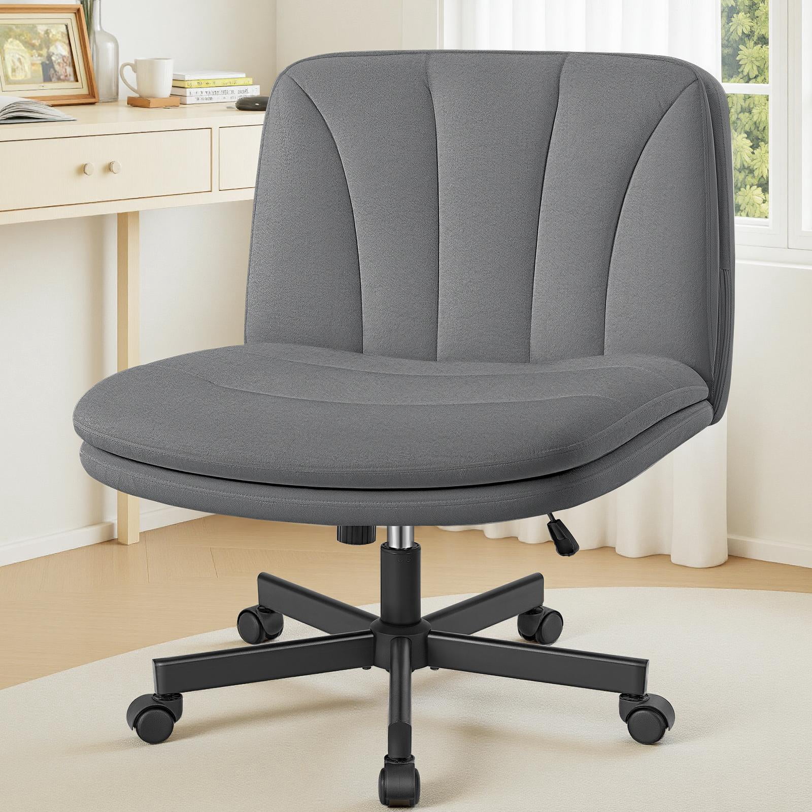 COOLHUT 26" W Criss Cross Chair with Wheels, Cross Legged Office Chair, Armless Adjustable Vanity Desk Chair, Wide Seat and 2-Layer Cushions, PU Leather, Gray