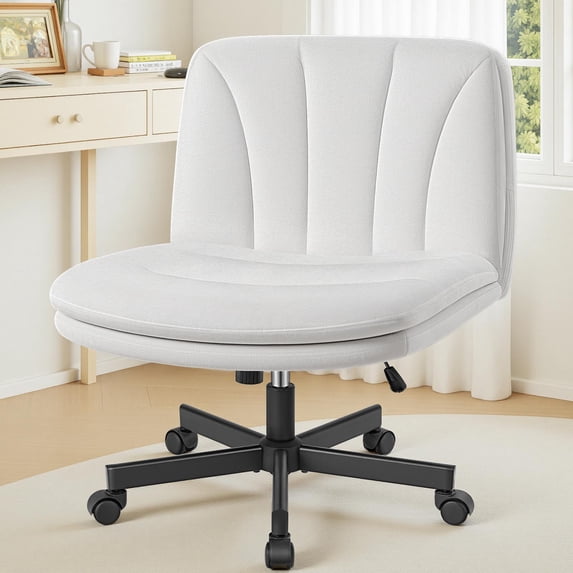 COOLHUT 26" W Criss Cross Chair with Wheels, Cross Legged Office Chair, Armless Adjustable Vanity Desk Chair, Wide Seat and 2-Layer Cushions, Velvet Fabric, Pearl White