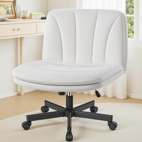 COOLHUT 26" W Criss Cross Chair with Wheels, Cross Legged Office Chair, Armless Adjustable Vanity Desk Chair, Wide Seat and 2-Layer Cushions, Velvet Fabric, Pearl White