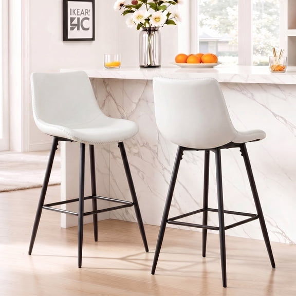 COOLHUT 28 Inch Bar Stools Set of 2, Counter Height Bar Chair with Footrest, Upholstered Faux Leather Bar Chair, Counter Stools with Sturdy Metal Legs, White