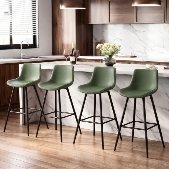 COOLHUT 28 Inch Bar Stools Set of 4, Counter Height Bar Chair with Footrest, Upholstered Faux Leather Bar Chair, Counter Stools with Sturdy Metal Legs, Green