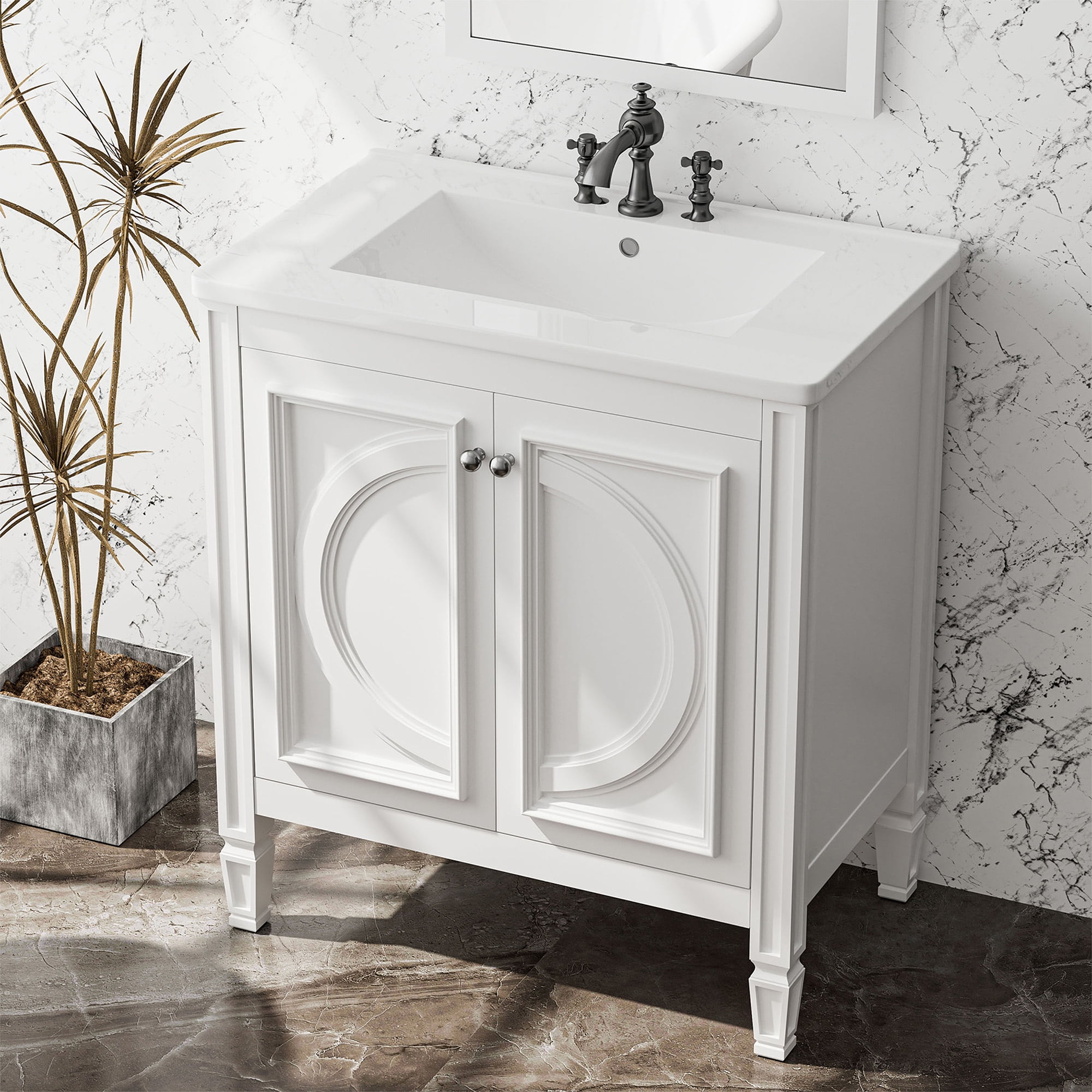 COOLHUT 30" Bathroom Vanity with Ceramic Basin and 2 Doors, Freestanding Bathroom Vanity and ...