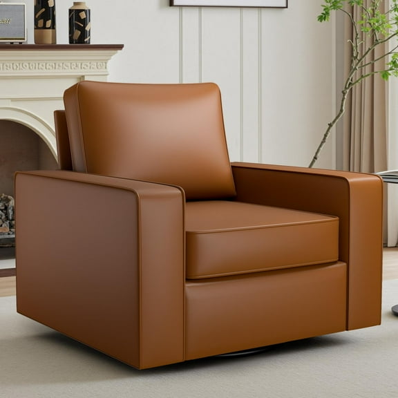 COOLHUT 360° Swivel Accent Chair Set of 1, 36.2" Wide PU Leather Accent Chair Armchair, Comfy Upholstered Single Sofa Chair for Living Room and Bedroom, Brown