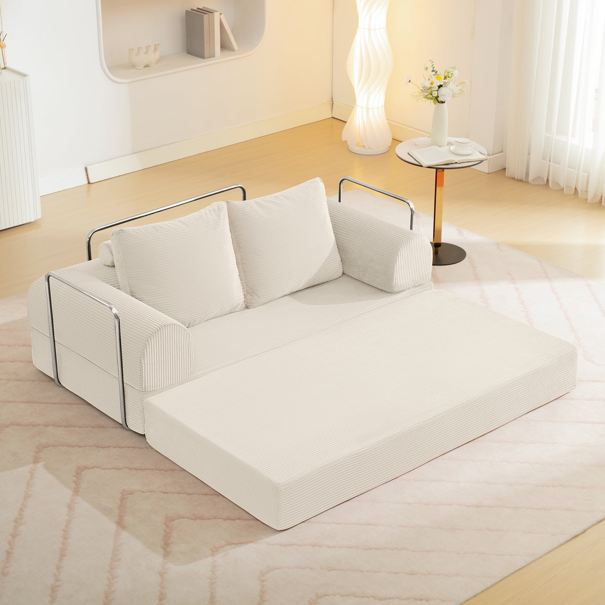 COOLHUT 63" W Convertible Sofa Bed, Foam Floor Sofa, Folding Sleeper Sofa Couch Bed with Six Frame, High Rebound Density Sofa, Corduroy Sofa Couch Bed for Living Room, Bedroom, Beige