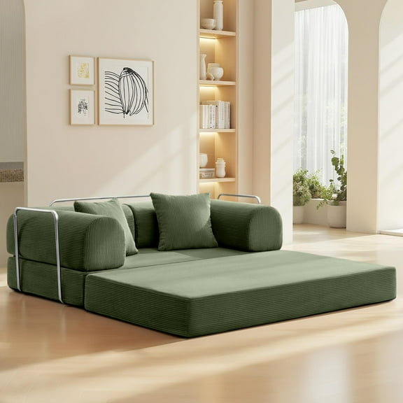 COOLHUT 63" W Combination Sofa, High Rebound Density Sponge Sofa Couch, Two Forms Floor Couch Three Seats Sofa Bed for Living Room, Bedroom, Olive Green