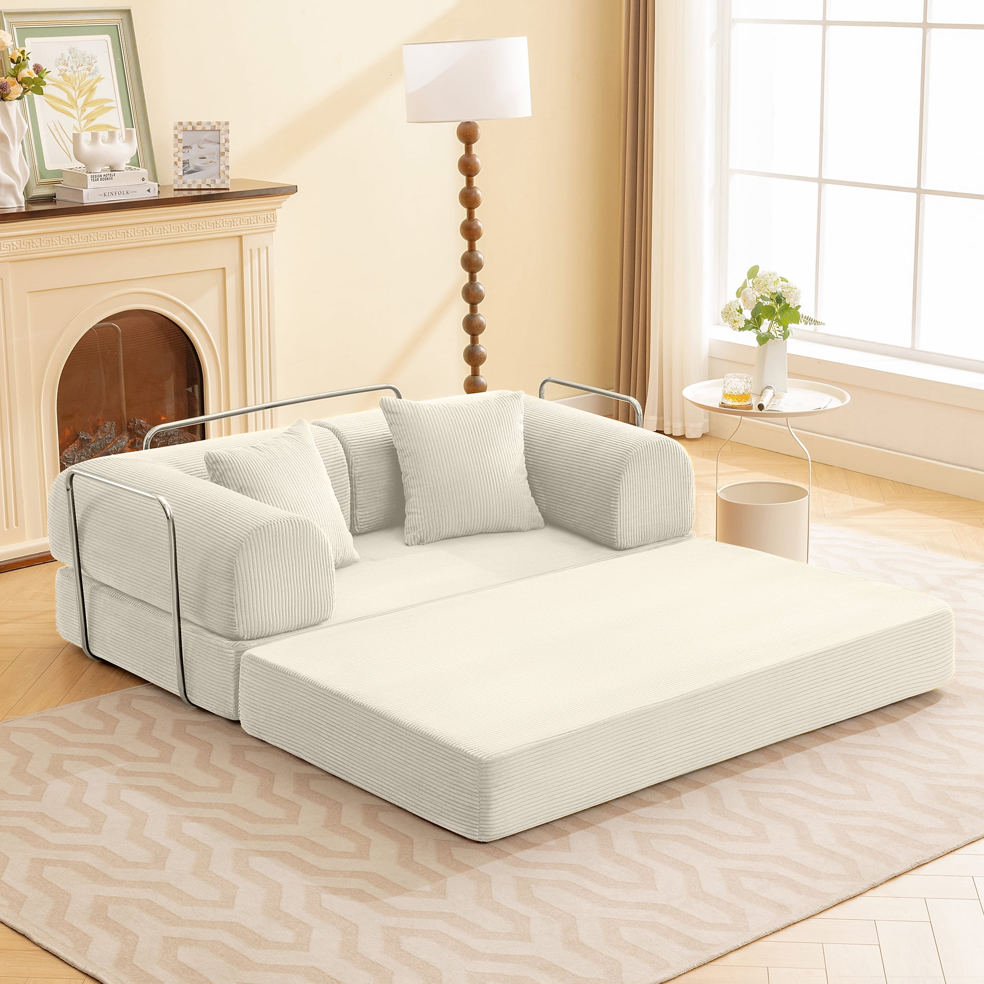COOLHUT 63" W Combination Sofa, High Rebound Density Foam Sofa Couch, Two Forms Floor Couch Three Seats Sofa Bed for Living Room, Bedroom, Beige