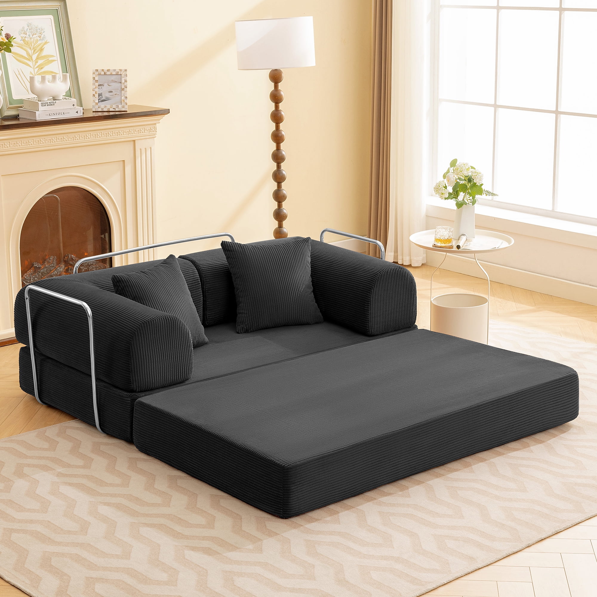 COOLHUT 63" W Combination Sofa, High Rebound Density Foam Sofa Couch, Two Forms Floor Couch Three Seats Sofa Bed for Living Room, Bedroom, Black