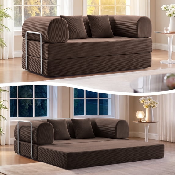 COOLHUT 63" W Convertible Boneless Sofa Bed, Folding Corduroy Sofa Couch, No Assembly Floor Sleeper Sofa Couch for Living Room, Bedroom, Coffee