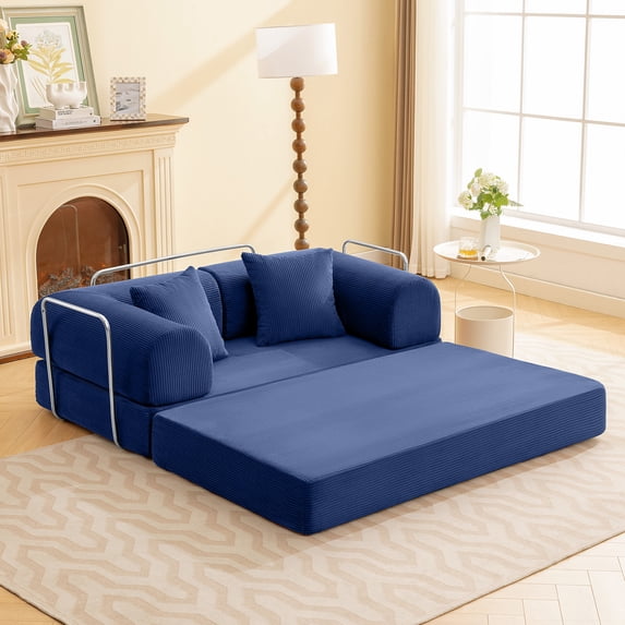 COOLHUT 63" W Combination Sofa, High Rebound Density Foam Sofa Couch, Two Forms Floor Couch Three Seats Sofa Bed for Living Room, Bedroom, NavyBlue