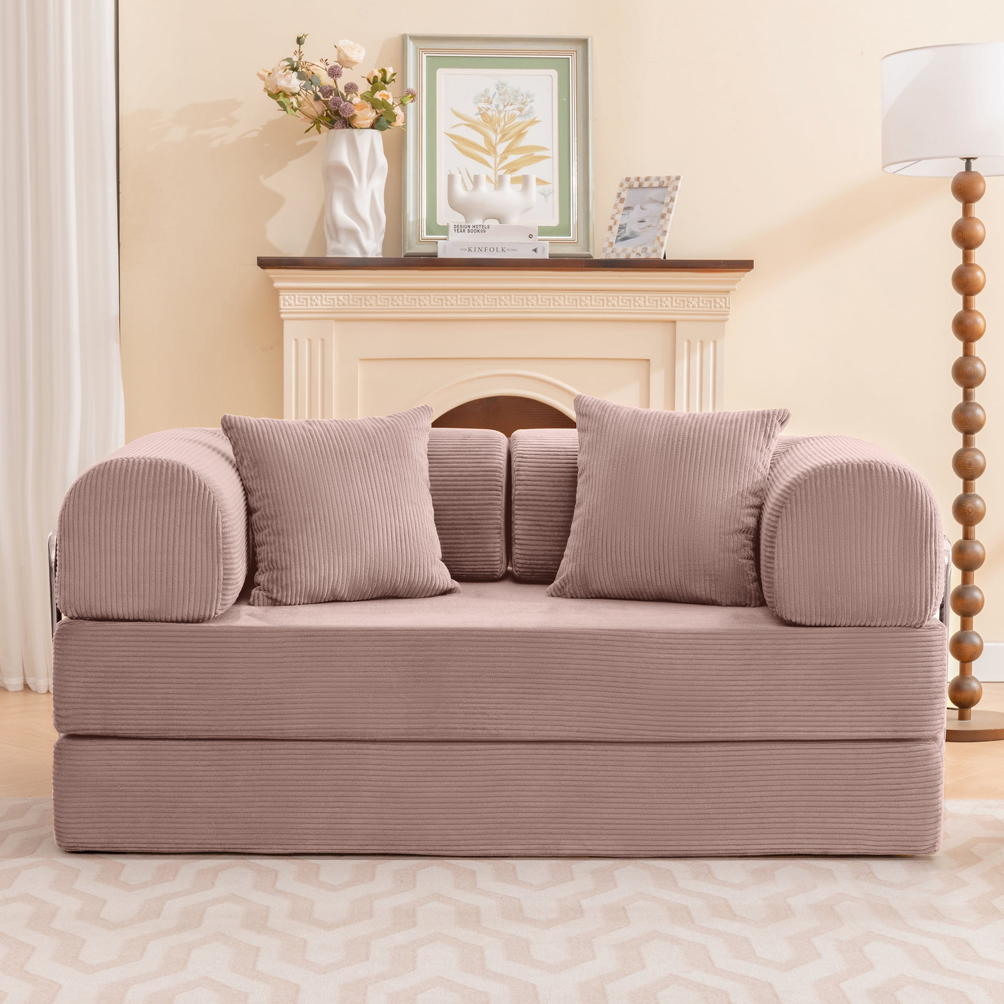 COOLHUT 63" W Combination Sofa, High Rebound Density Sponge Sofa Couch, Two Forms Floor Couch Three Seats Sofa Bed for Living Room, Bedroom, Pink