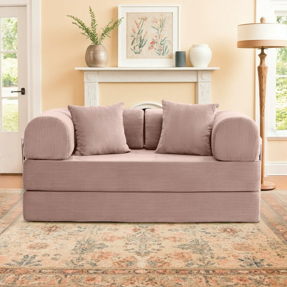 COOLHUT 63" W Combination Sofa, High Rebound Density Sponge Sofa Couch, Two Forms Floor Couch Three Seats Sofa Bed for Living Room, Bedroom, Pink
