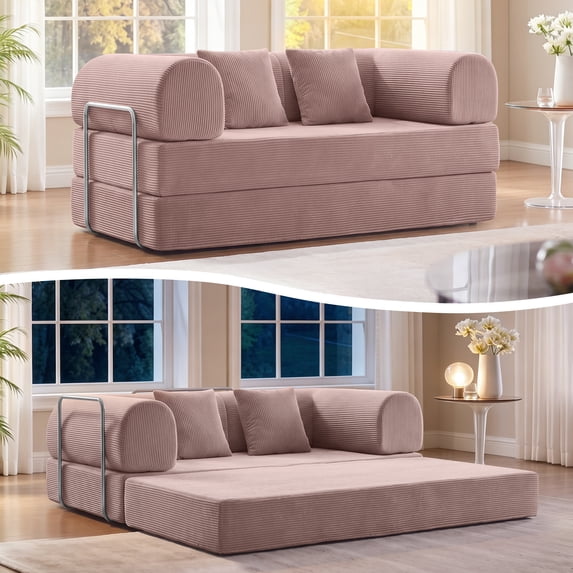COOLHUT 63" W Convertible Boneless Sofa Bed, Folding Corduroy Sofa Couch, No Assembly Floor Sleeper Sofa Couch for Living Room, Bedroom, Pink