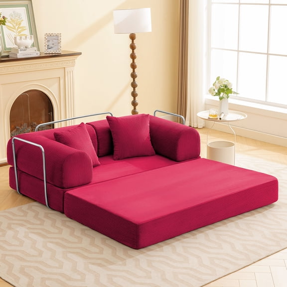 COOLHUT 63" W Combination Sofa, High Rebound Density Foam Sofa Couch, Two Forms Floor Couch Three Seats Sofa Bed for Living Room, Bedroom, Rose Red