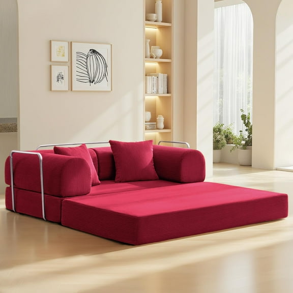 COOLHUT 63" W Combination Sofa, High Rebound Density Sponge Sofa Couch, Two Forms Floor Couch Three Seats Sofa Bed for Living Room, Bedroom, Rose Red