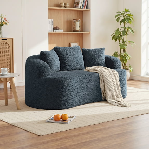 COOLHUT 65" 3 Seater Sofa Couch, Plush Floor Sofa Couch with Cozy Cushions & 3 Pillows, Curved Back Teddy Fabric Sofa for Living Room, Small Space, Navy Blue (Sofa-in-a-Box)