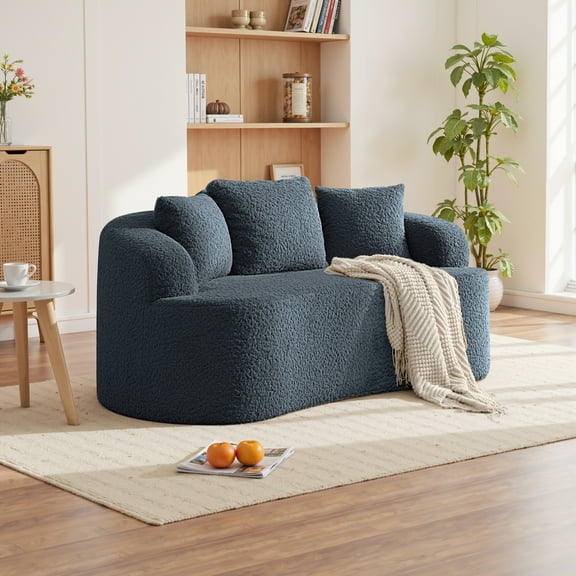COOLHUT 65" 3 Seater Sofa Couch, Plush Floor Sofa Couch with Cozy Cushions & 3 Pillows, Curved Back Teddy Fabric Sofa for Living Room, Small Space, Navy Blue (Sofa-in-a-Box)