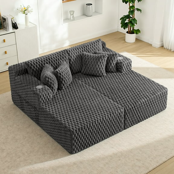 COOLHUT 74.8" Oversize Double Lounge Chaise Sofa Bed, Corduroy Sleeper Sofa Couch, Deep Seat Floor Sofa with Pillows, Fluffy Sofa for Living Room, Apartment and Bedroom, No Assembly Required, Gray