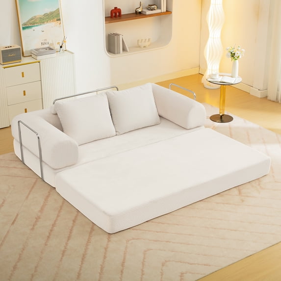 COOLHUT 78.7" W Convertible Sofa Bed, Foam Floor Sofa, Folding Sleeper Sofa Couch Bed with Six Frame, High Rebound Density Sofa, Corduroy Sofa Couch Bed for Living Room, Bedroom, Beige