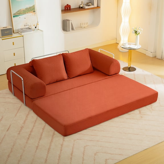 COOLHUT 78.7" W Convertible Sofa Bed, Foam Floor Sofa, Folding Sleeper Sofa Couch Bed with Six Frame, High Rebound Density Sofa, Corduroy Sofa Couch Bed for Living Room, Bedroom, Reddish Brown