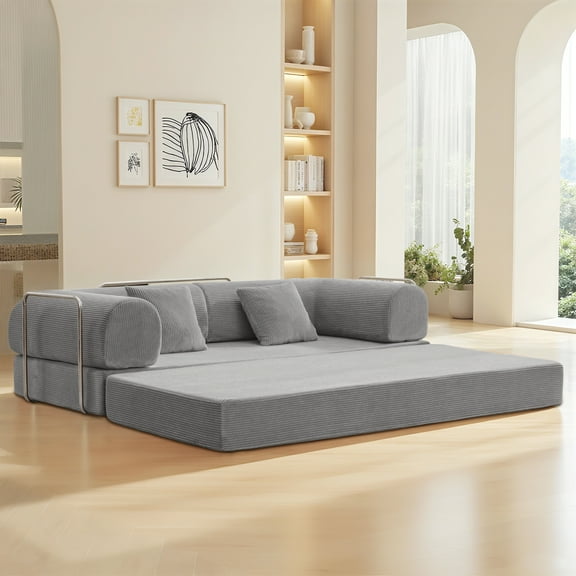 COOLHUT 78.7" W Combination Sofa, High Rebound Density Sponge Sofa Couch, Two Forms Floor Couch Three Seats Sofa Bed for Living Room, Bedroom, Light Gray
