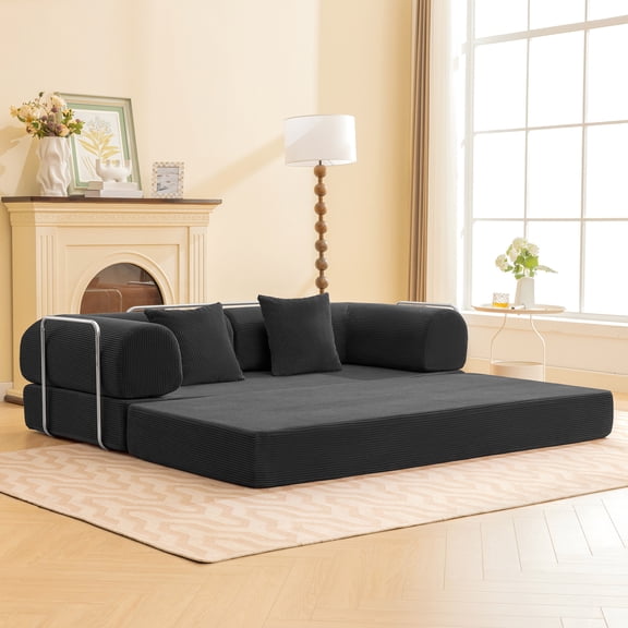 COOLHUT 78.7" W Combination Sofa, High Rebound Density Foam Sofa Couch, Two Forms Floor Couch Three Seats Sofa Bed for Living Room, Bedroom, Black