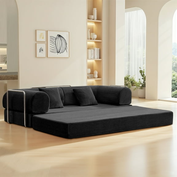COOLHUT 78.7" W Combination Sofa, High Rebound Density Sponge Sofa Couch, Two Forms Floor Couch Three Seats Sofa Bed for Living Room, Bedroom, Black
