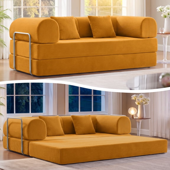 COOLHUT 78.7" Convertible Boneless Sofa Bed, Folding Corduroy Sofa Couch, No Assembly Floor Sleeper Sofa Couch for Living Room, Bedroom, Ginger