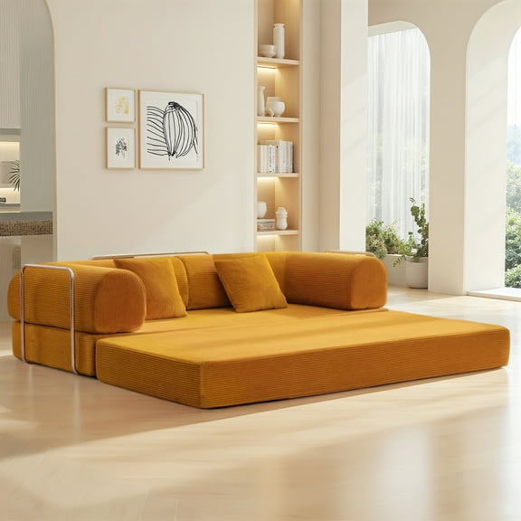 COOLHUT 78.7" W Combination Sofa, High Rebound Density Sponge Sofa Couch, Two Forms Floor Couch Three Seats Sofa Bed for Living Room, Bedroom, Ginger