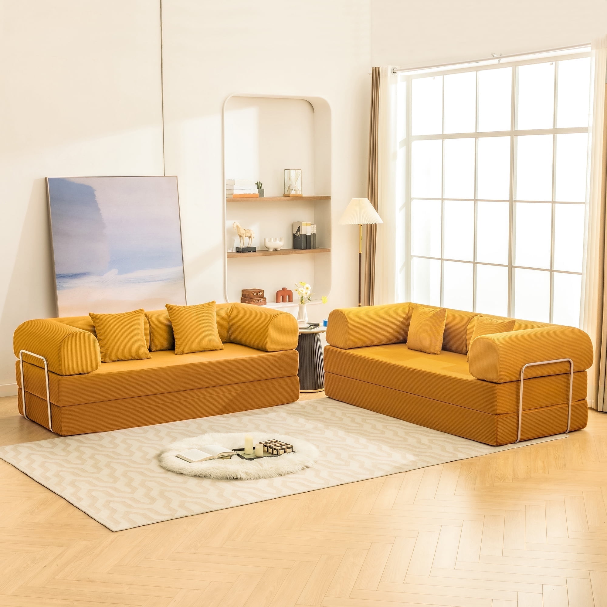 COOLHUT 78.7" W Combination Sofa Set of 2, High Rebound Density Sponge Sofa Couch, Two Forms Floor Couch Three Seats Sofa Bed for Living Room, Bedroom, 2 Pack, Ginger