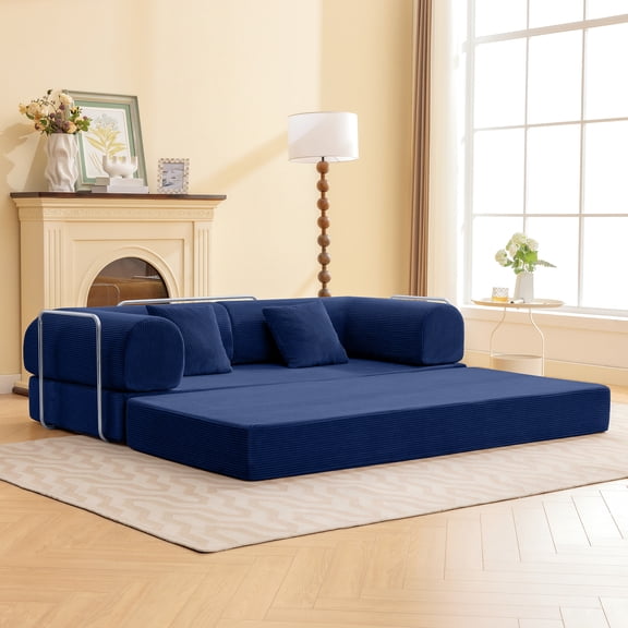 COOLHUT 78.7" W Combination Sofa, High Rebound Density Foam Sofa Couch, Two Forms Floor Couch Three Seats Sofa Bed for Living Room, Bedroom, Navy Blue