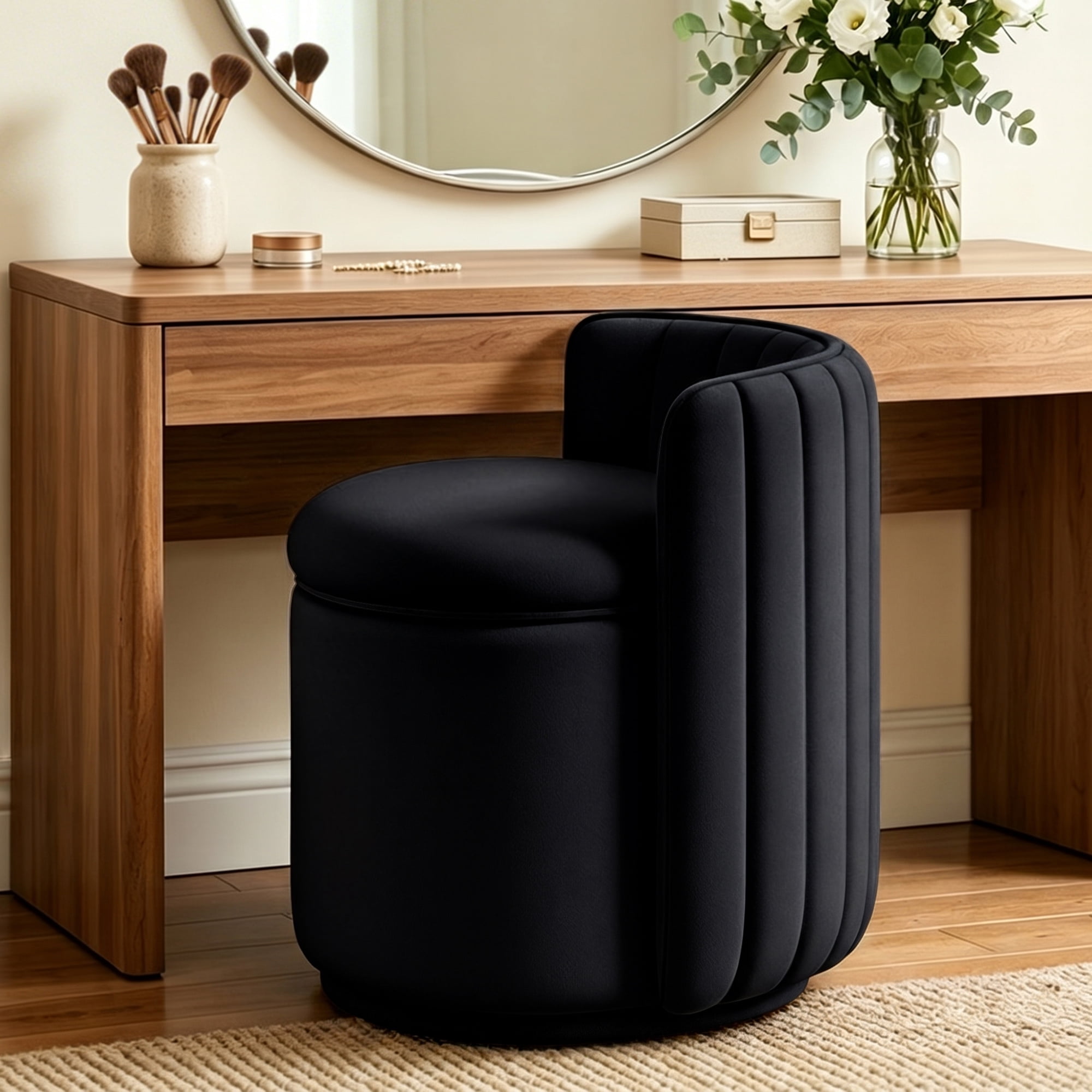 COOLHUT Vanity Chair, Upholstered Vanity Stool with Storage, Velvet Swivel Accent Chair, No Assembly Small Accent Stool, Makeup Chair for Bedroom, Living Room and Dressing Area, Black