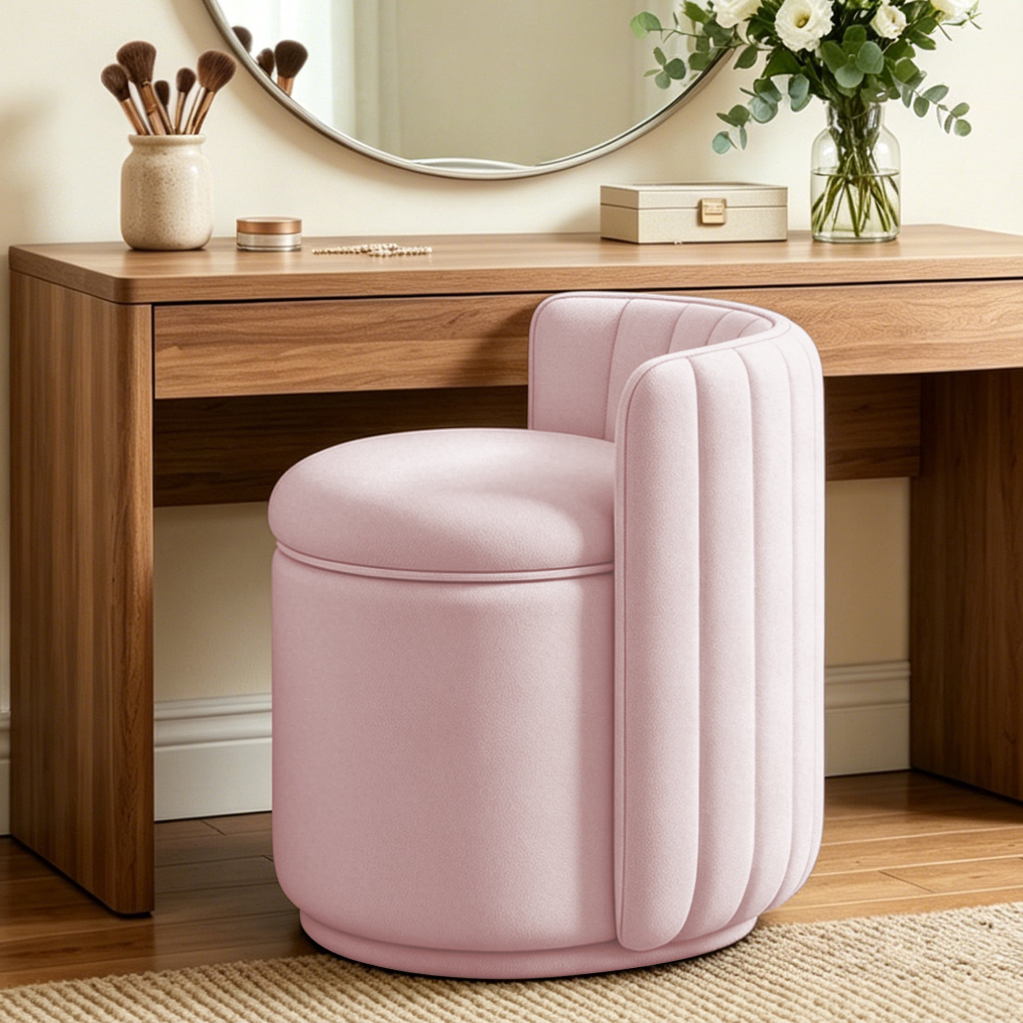 COOLHUT Vanity Chair, Upholstered Vanity Stool with Storage, Velvet Swivel Accent Chair, No Assembly Small Accent Stool, Makeup Chair for Bedroom, Living Room and Dressing Area, Pink