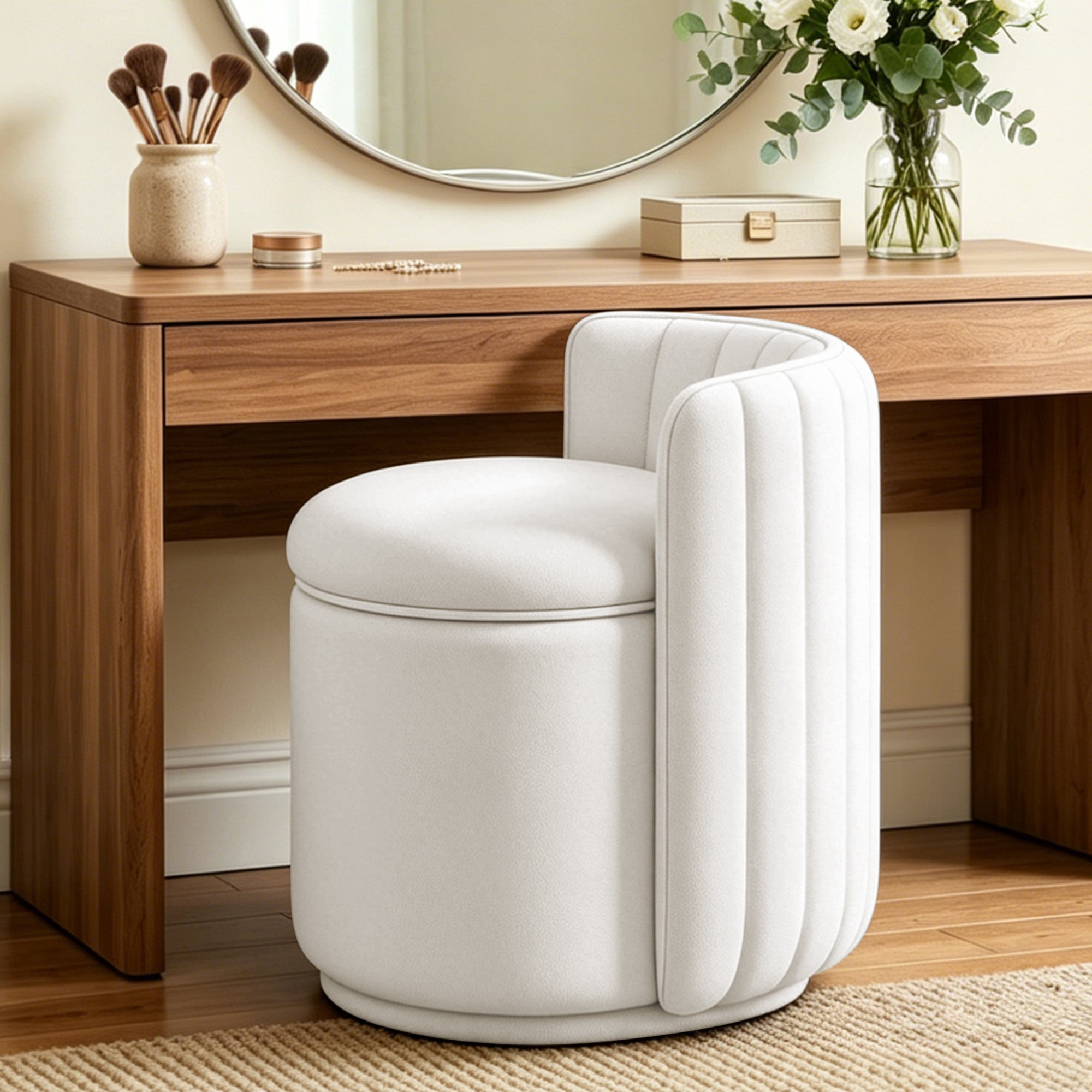 COOLHUT Vanity Chair, Upholstered Vanity Stool with Storage, Velvet Swivel Accent Chair, No Assembly Small Accent Stool, Makeup Chair for Bedroom, Living Room and Dressing Area, White