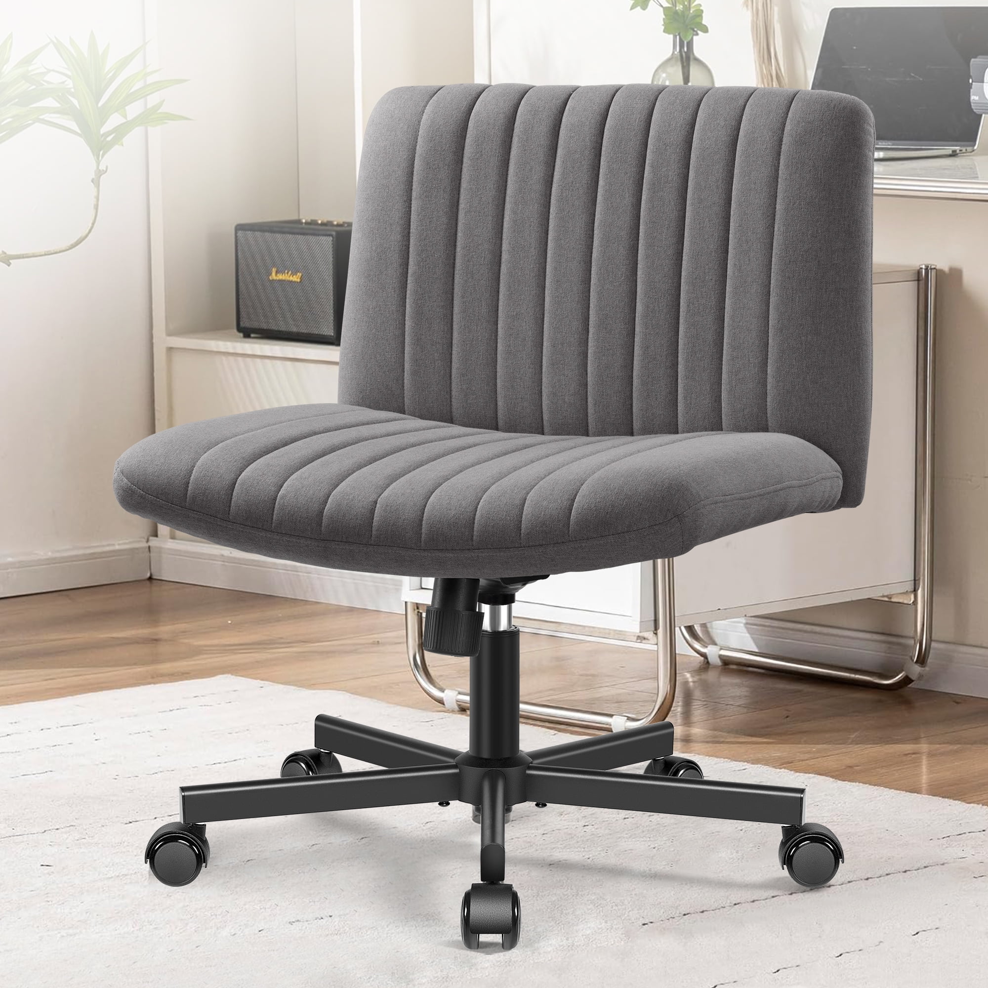 COOLHUT Office Chair Armless Criss Cross Legged Chair with Wheels, Linen Fabric Comfy Home Office Desk Chairs, Wide Seat Vanity Task Computer Chair, Dark Gray