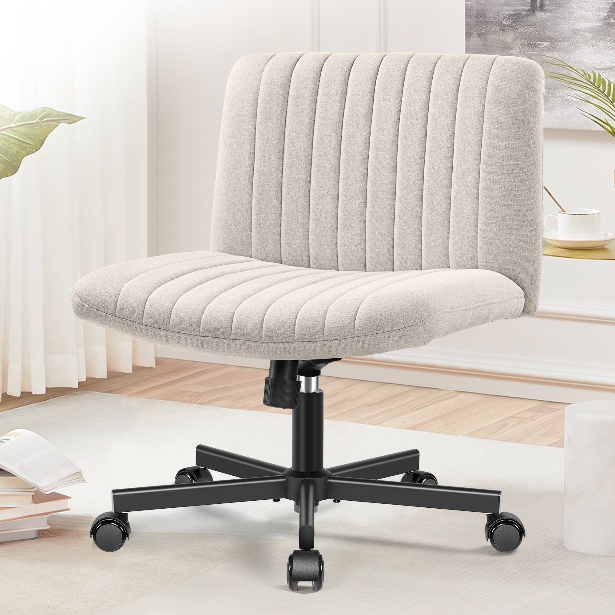 COOLHUT Office Chair Armless Criss Cross Legged Chair with Wheels, Linen Fabric Comfy Home Office Desk Chairs, Wide Seat Vanity Task Computer Chair, Beige