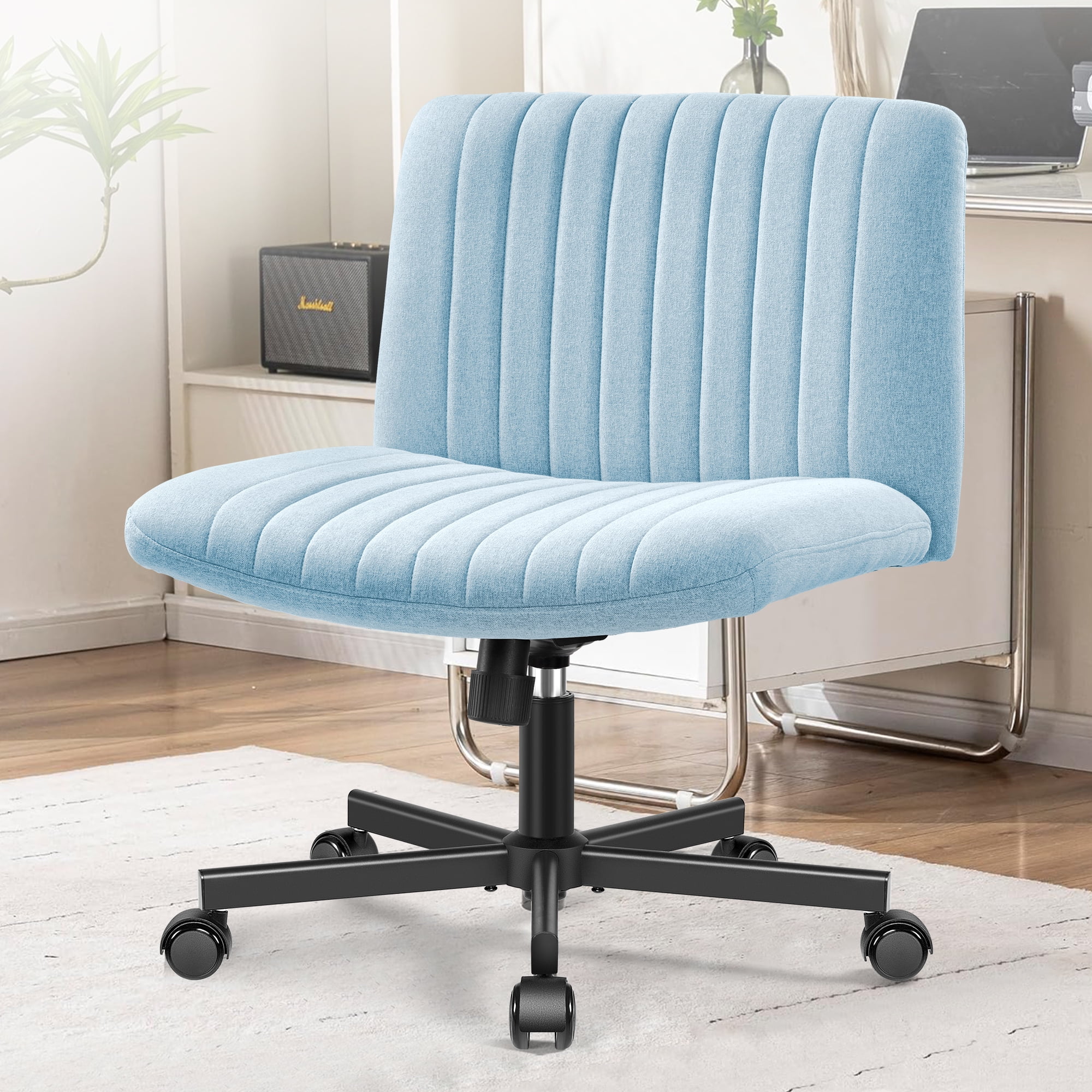 COOLHUT Office Chair Armless Criss Cross Legged Chair with Wheels, Linen Fabric Comfy Home Office Desk Chairs, Wide Seat Vanity Task Computer Chair, Light Blue