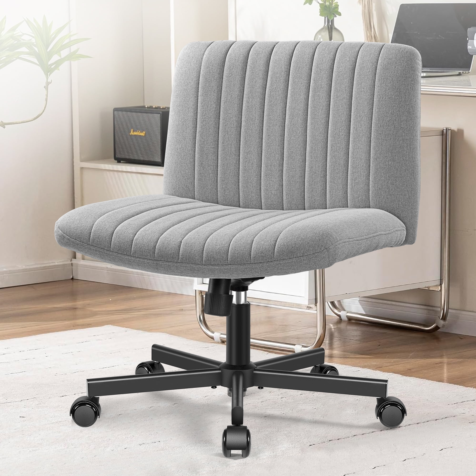 COOLHUT Office Chair Armless Criss Cross Legged Chair with Wheels, Linen Fabric Comfy Home Office Desk Chairs, Wide Seat Vanity Task Computer Chair, Light Gray